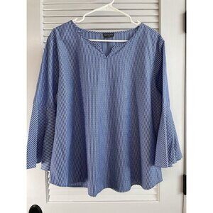 Van Heusen Blue White Bell Sleeve Striped Cotton Blend Peasant Shirt Women's XL